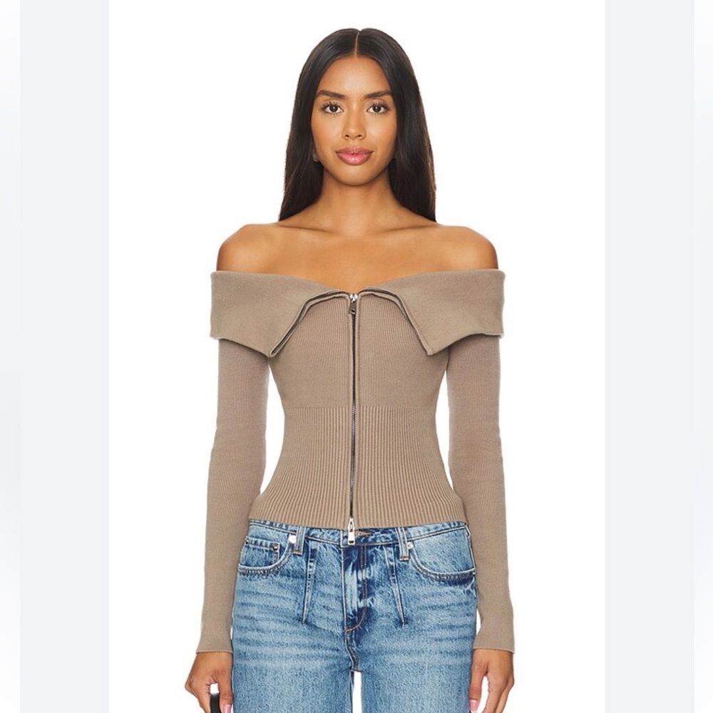 revolve Off-Shoulder Zip Front Ribbed Knit Top - Taupe